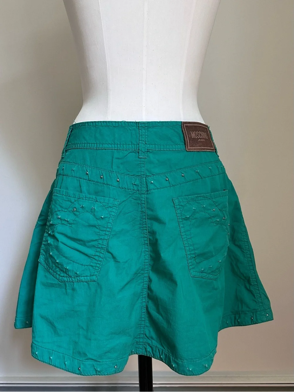 Vintage Moschino Jeans Y2K Kelly Green Skirt Studded Hearts Cotton Size 8 Medium
